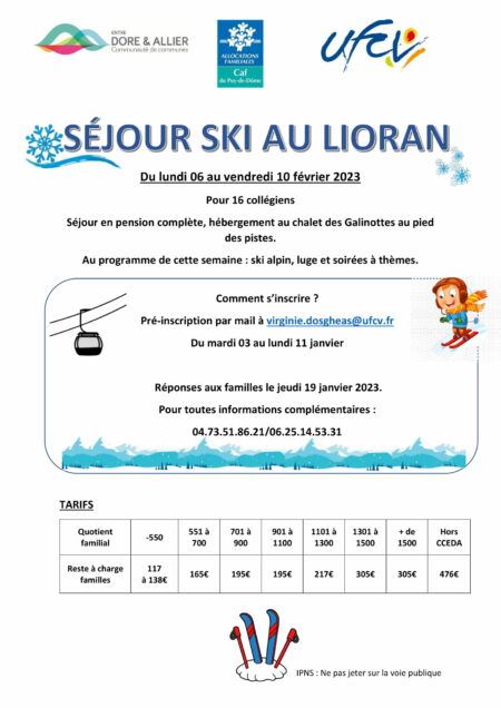 Séjour ski pour les jeunes en février 2023. Inscrivez-vous !