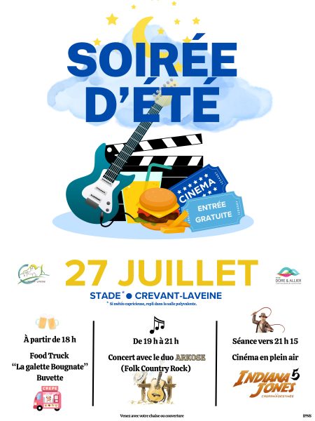 Soirée d’été : musique avec le groupe Arkose  et ciné de plein air : Indiana Jones et le cadran de la destinée